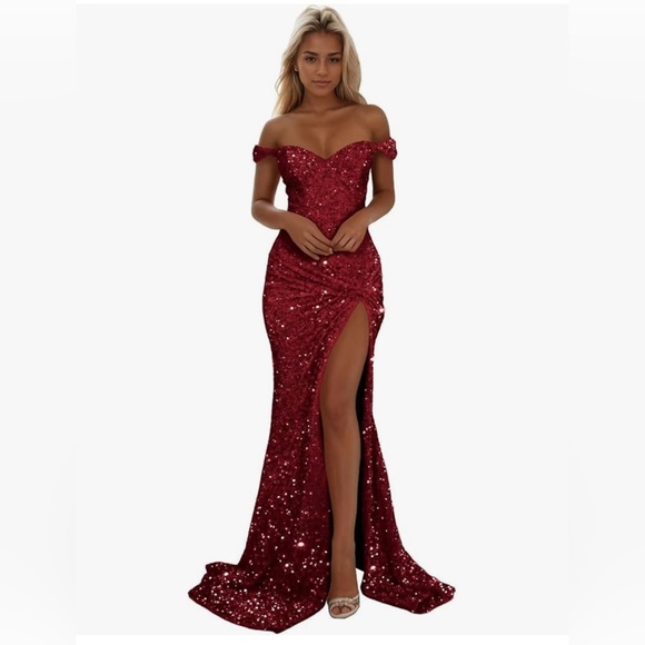 DARK RED OFF THE SHOULDER SEQUIN GOWN - Picture 1 of 14